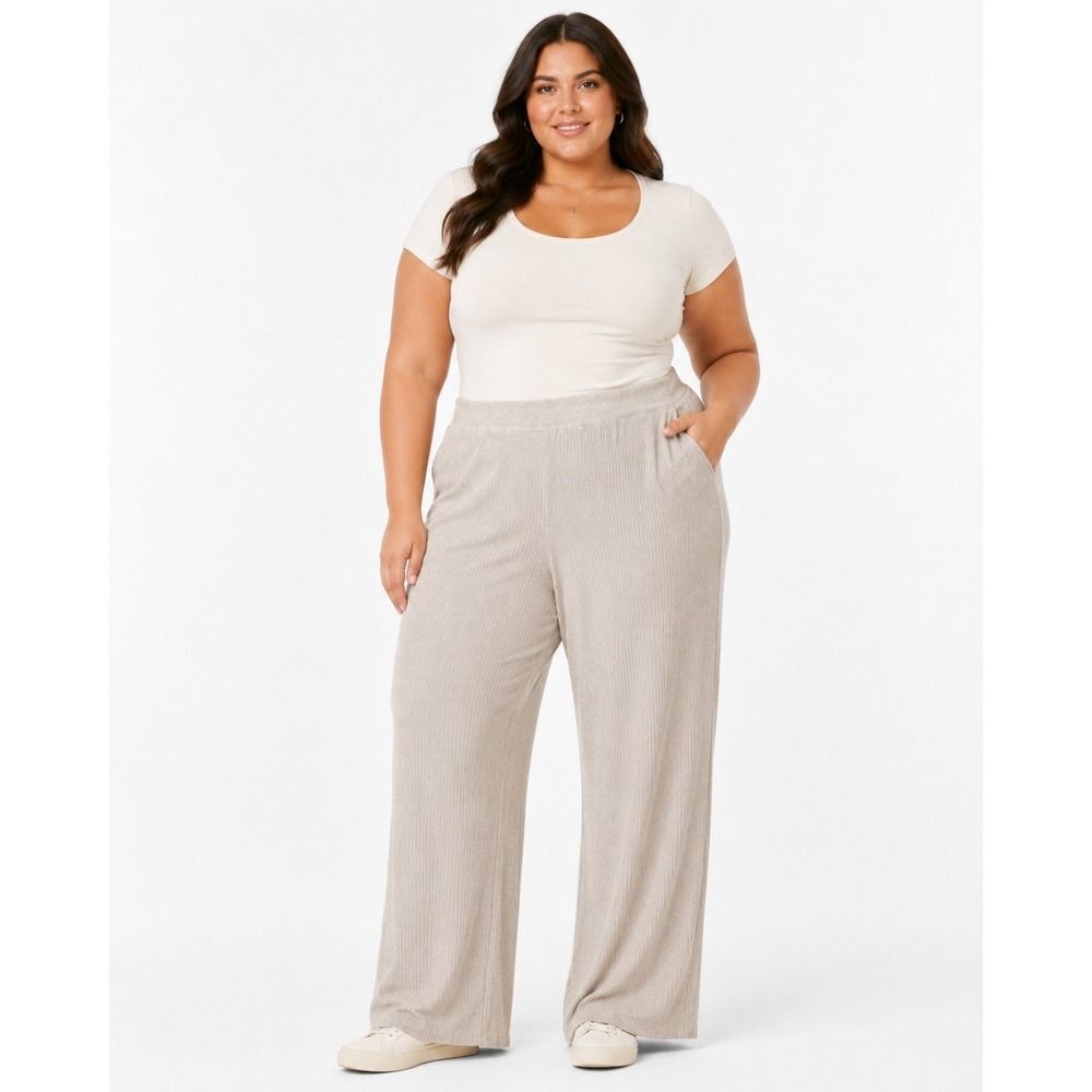 Oatmeal Beige Ribbed Knit Wide Leg Pants Womens XL Elastic Waist NWT